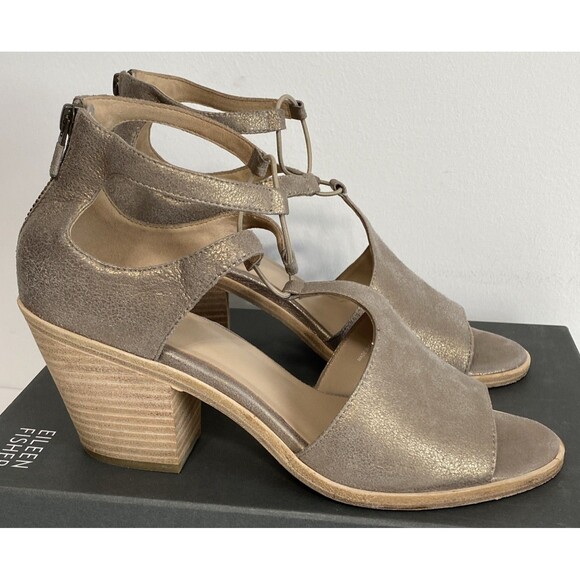 Eileen Fisher Sandals Womens US 9.5 Lou Platinum Metallic Suede Block Heel Coast - Picture 11 of 15